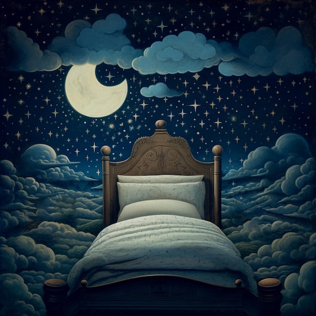 Zdjęcie Łóżko na nocnym niebie z księżycem i chmurami ilustracja dla dzieci dreams
