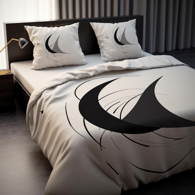 Łóżko z białą kołdrą i czarno-białą poszewką na poduszkę z czarnym wzorem.