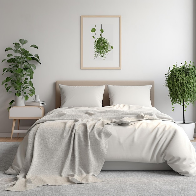 łóżko z białym kocem i zdjęciem rośliny na ścianie.
