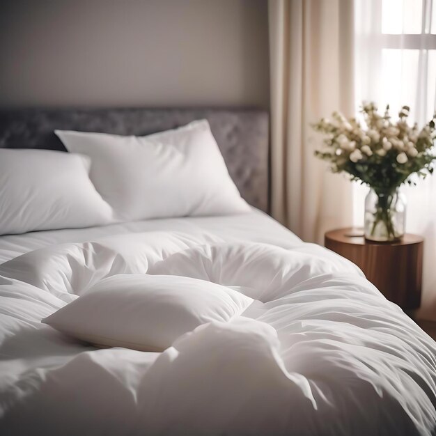 łóżko z białymi prześcieradłami i wazon z kwiatami na nim
