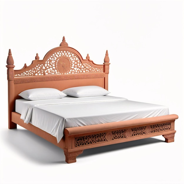 łóżko z drewnianą główką i białym prześcieradłem