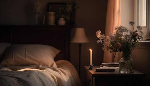 Łóżko z książką na stole obok lampy ze świecą.