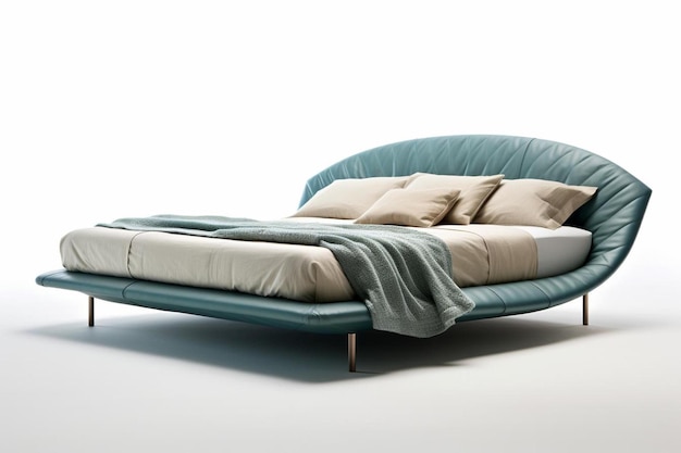 Łóżko z niebiesko-białym kocem i zieloną poduszką.