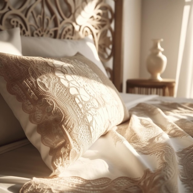 Łóżko z poduszką i poduszką z złotym wzorem.