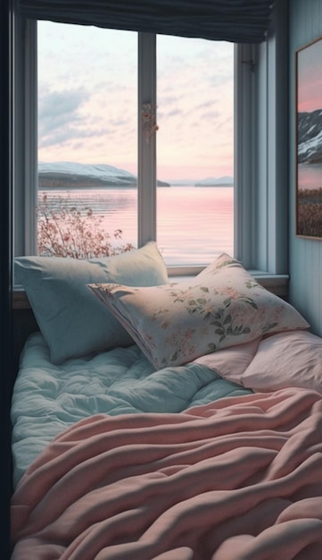 Łóżko z poduszką obok okna z napisem saja.
