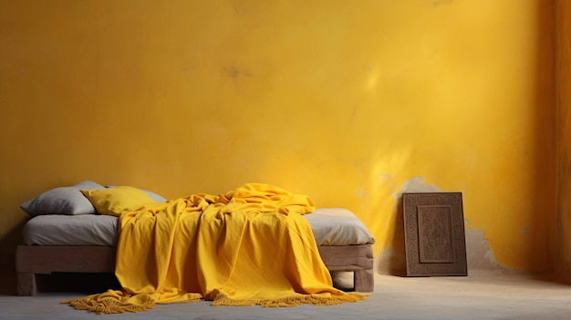 Łóżko z żółtym kocem w pobliżu ściany sztukowanej