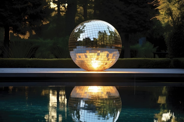 Lśniąca lustrzana kula umieszczona na obrzeżach basenu, aby poprawić atmosferę imprezy