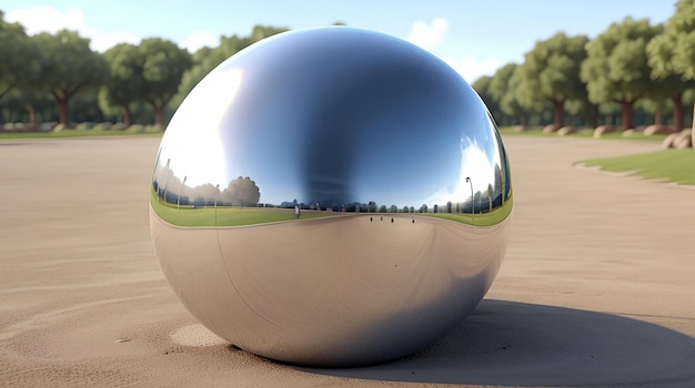 Lśniąca srebrna metalowa kula z centralnym otworem na ziemi z naturalnym tłem renderowania 3d