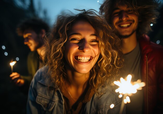 Zdjęcie lśniące błyskawice w rękach grupa szczęśliwych ludzi cieszy się imprezą z fajerwerkami koncepcja stylu życia młodzieży zimowych wakacji