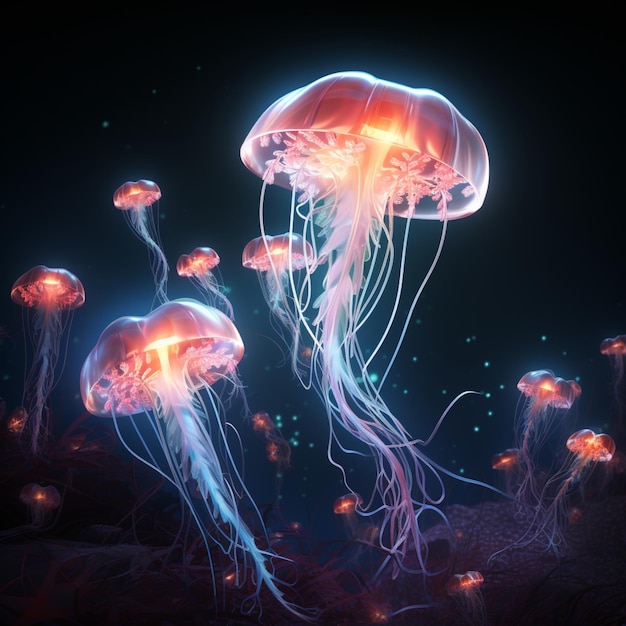 Lśniące meduzy morskie na ciemnym tle