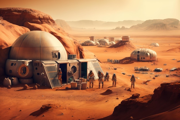 Ludzcy kolonizatorzy lądujący na Marsie ze statkiem kosmicznym w tle oraz czerwonymi skałami i górami w oddali Generacyjna sztuczna inteligencja