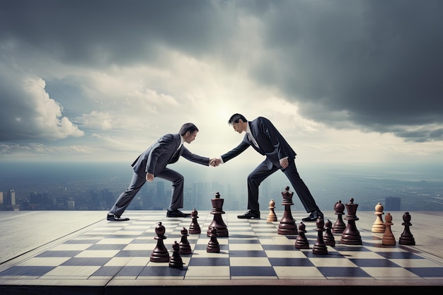 Ludzie biznesu grający w szachy na szachownicy z widokiem na miasto i pochmurne niebo przewaga konkurencyjna Strategiczna koncepcja marketingowa Wygenerowano sztuczną inteligencję