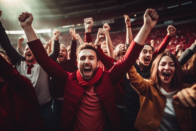 Ludzie cheering dla sportu i tłum cheering i krzycząc radośnie na boisku piłkarskim