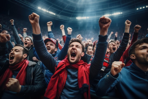 Ludzie cheering dla sportu i tłum cheering i krzycząc radośnie na boisku piłkarskim