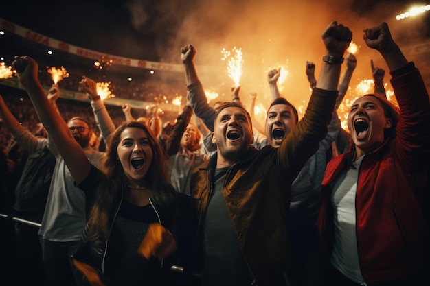 Ludzie cheering dla sportu i tłum cheering i krzycząc radośnie na boisku piłkarskim