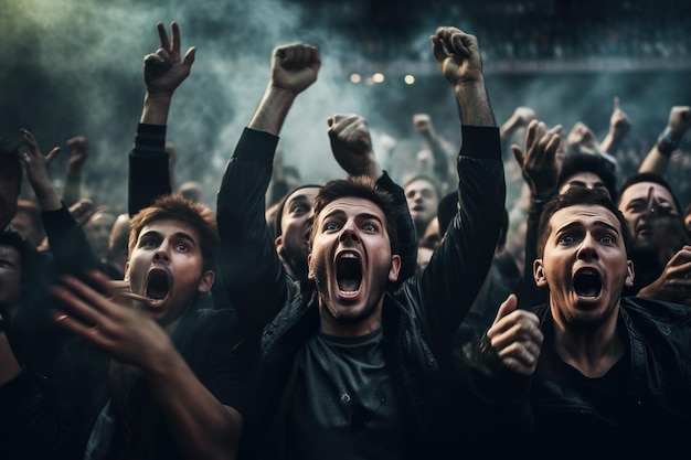 Zdjęcie ludzie cheering dla sportu i tłum cheering i krzycząc radośnie na boisku piłkarskim