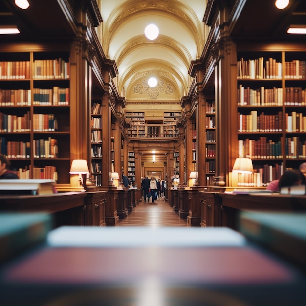 Ludzie chodzący po bibliotece z półkami na obu stronach