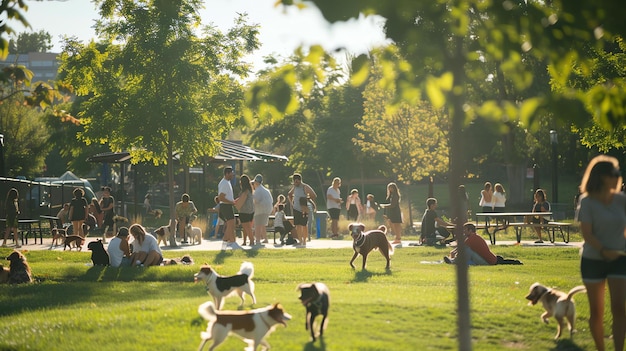 Ludzie cieszą się dniem w parku ze swoimi psami