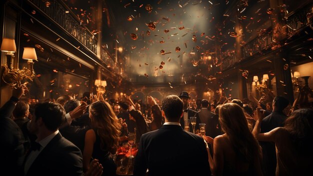 Zdjęcie ludzie cieszą się noworoczną imprezą luksusowa uroczystość w pokoju przyjęć w nocy