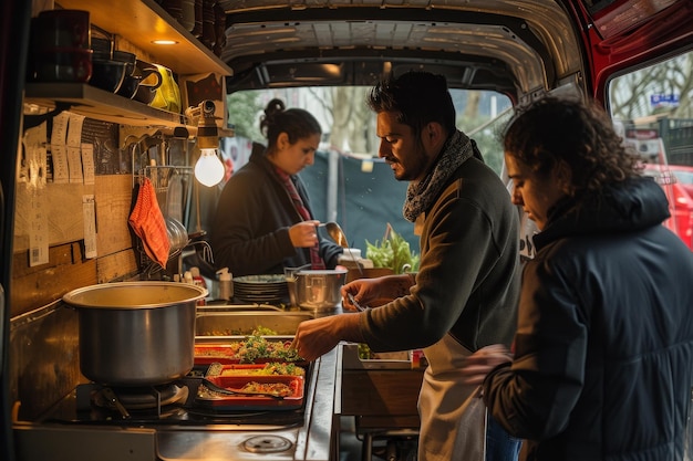 Ludzie gotują jedzenie w furgonetce zaparkowanej na ulicy