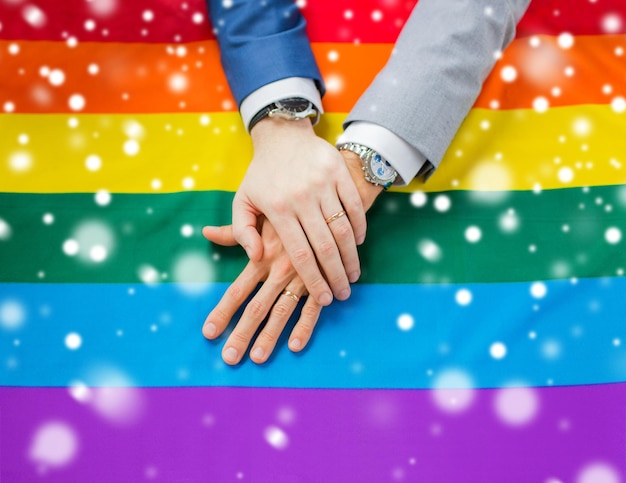 ludzie, homoseksualizm, małżeństwa osób tej samej płci, koncepcja gejów i miłości - zbliżenie szczęśliwej męskiej pary gejów przekazuje tęczową flagę nad efektem śniegu