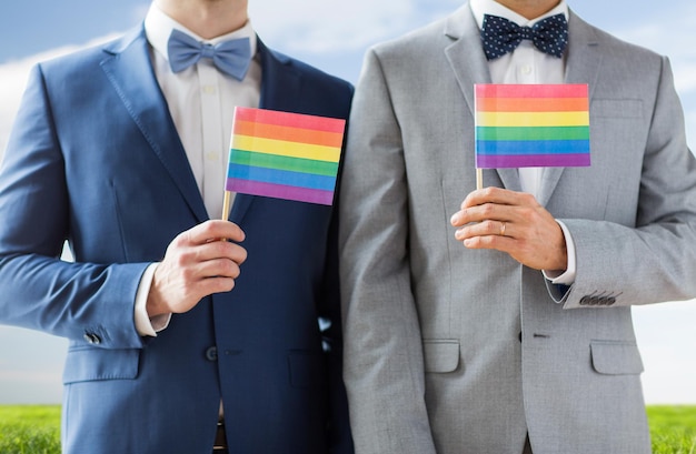 ludzie, homoseksualizm, małżeństwo osób tej samej płci i koncepcja miłości - zbliżenie szczęśliwej męskiej pary gejów w garniturach i muszkach z obrączkami ślubnymi trzymającymi tęczowe flagi nad błękitnym niebem i tłem trawy