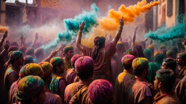 Zdjęcie ludzie i wielbiciele bawiący się festiwalem kolorów holi z kolorowymi proszkami na wzgórzu nand