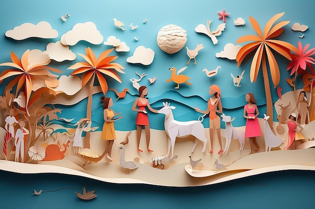 Ludzie i zwierzęta z papieru bawiący się na plaży z papieru