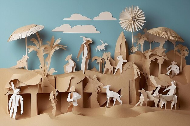 Ludzie i zwierzęta z papieru bawiący się na plaży z papieru