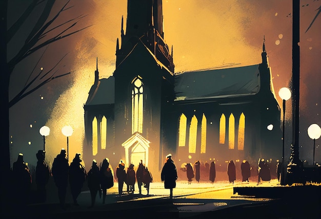 Ludzie idący do kościoła obraz olejny Ilustracja generatywna AI