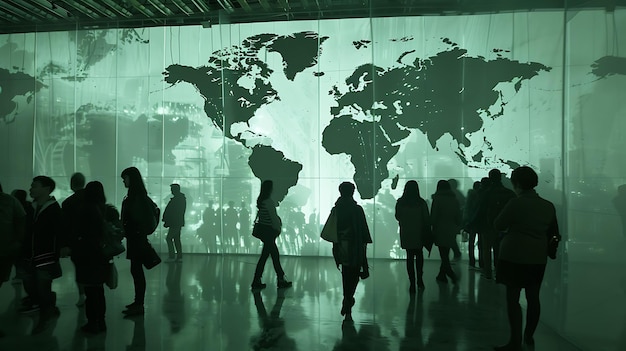 Ludzie idący przed projekcją mapy świata na dużym ekranie