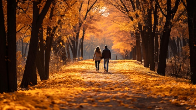 Zdjęcie ludzie idący żywe liście spadają na długą ścieżkę w jesiennym lesie