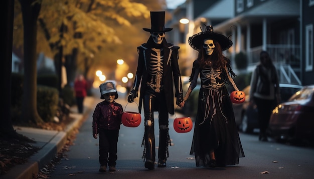 Ludzie, którzy świętują Halloween, sąsiednia rodzina