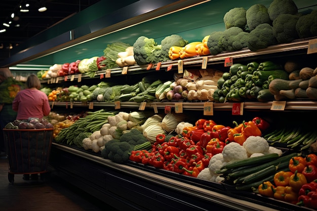 Ludzie kupują świeże warzywa na półkach