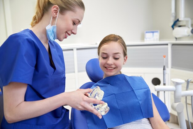 Ludzie, Medycyna, Stomatologia I Koncepcja Opieki Zdrowotnej - Szczęśliwa Dentystka Pokazująca Model Szczęki Pacjentce W Gabinecie Dentystycznym