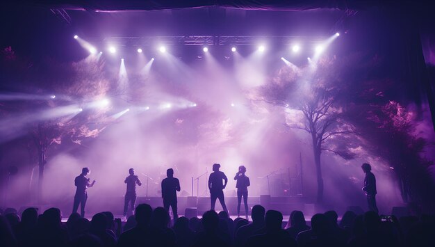 Ludzie na scenie w nocy z purpurowym światłem