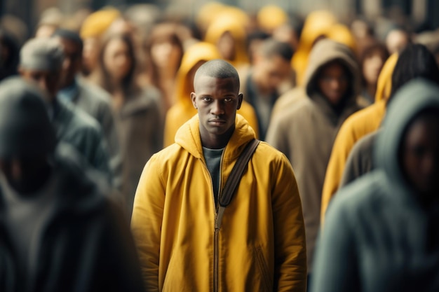 Ludzie na ulicach miasta w godzinach szczytu Mężczyzna w żółtej kurtce wyróżnia się spośród grupy ludzi