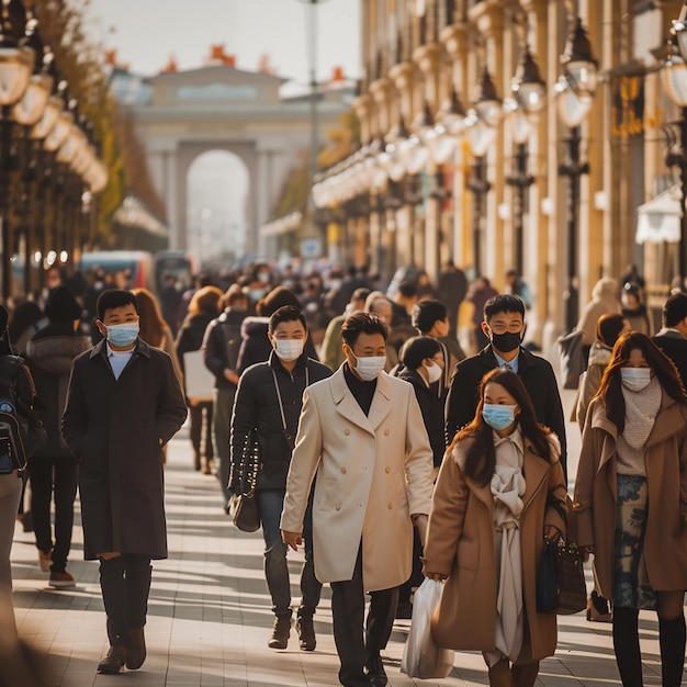 ludzie noszący maski idą ulicą przed budynkiem z liczbą ludzi noszących maski