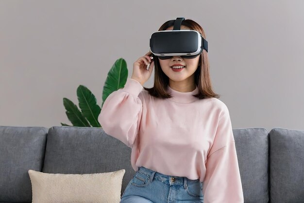 Ludzie noszący słuchawki VR do projektowania ręcznie od pustego pokoju do zbudowanego mebla pokaz ai generowane