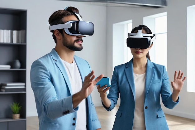 Ludzie noszący zestawy słuchawkowe VR do projektowania ręcznie od pustego pokoju do zbudowanych mebli