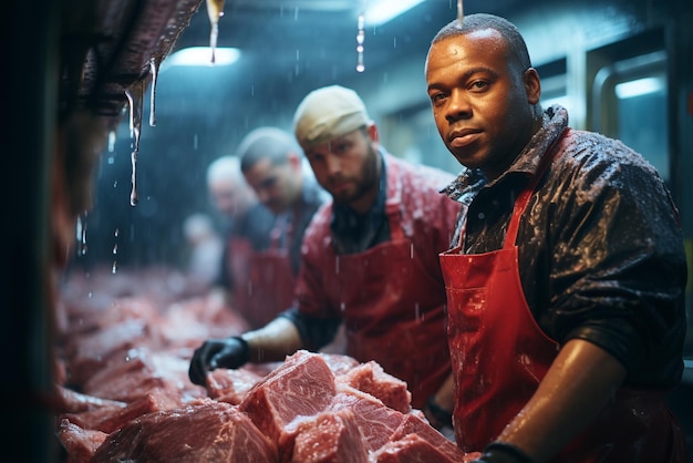 Ludzie pracują w fabryce rozbioru mięsa Stołówka mięsna