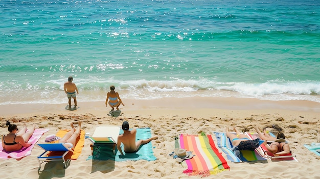 Zdjęcie ludzie relaksują się na plaży grupa sześciu przyjaciół spędza dzień na plaży pływają, opalają się i relaksują na piasku