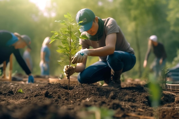 Ludzie sadzą drzewa lub pracują w ogrodach społecznych Promuj lokalną produkcję żywności i siedliska