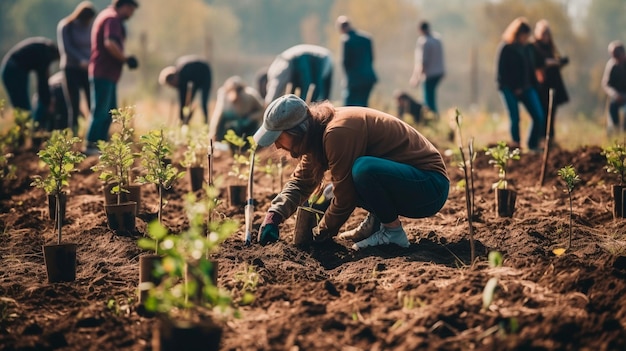 Ludzie sadzący drzewa lub pracujący w ogródku społecznościowym promujący lokalną produkcję żywności i koncepcję odbudowy siedlisk w zakresie zrównoważonego rozwoju i zaangażowania społeczności Generacyjna sztuczna inteligencja