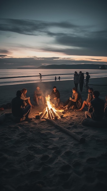 Ludzie siedzący przy ognisku na plaży o zachodzie słońca