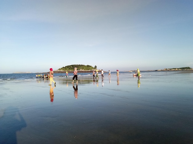 Zdjęcie ludzie stojący na plaży na tle czystego nieba