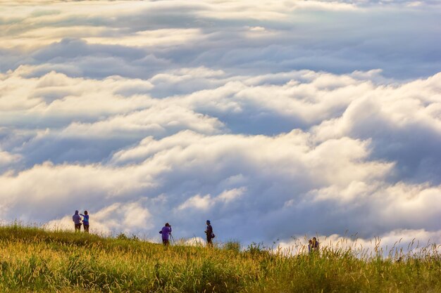 Zdjęcie ludzie stojący na trawiastej ziemi na tle chmurowego nieba