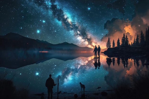 Zdjęcie ludzie stojący nad jeziorem pod pięknym rozgwieżdżonym niebem wygenerowanym przez ai