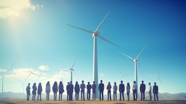 Ludzie stojący przed turbiną wiatrową