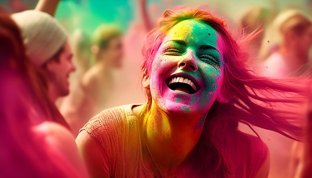 Ludzie świętują Holi, radośnie tańcząc i rzucając kolorowym konfetti generatywnym AI